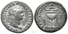 Roman Imperial Coins TITUS (79-81). Denarius. Rome. Obv: IMP TITVS CAES VESPASIAN AVG P M. Laureate head right. Rev: TR P IX IMP XV COS VIII P P. Filleted tripod surmounted by dolphin right on wreath,