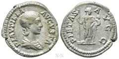 Roman Imperial Coins PLAUTILLA (Augusta, 202-205). Denarius. Rome. Obv: PLAVTILLA AVGVSTA. Draped bust right. Rev: PIETAS AVGG. Pietas standing right, holding sceptre and infant. RIC 367 (Caracalla). 