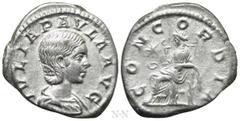 Roman Imperial Coins JULIA PAULA (Augusta, 219-220). Denarius. Rome. Obv: IVLIA PAVLA AVG. Draped bust right. Rev: CONCORDIA. Concordia seated left on throne, holding patera; star to left. RIC 211 (El
