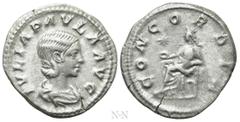 Roman Imperial Coins JULIA PAULA (Augusta, 219-220). Denarius. Rome. Obv: IVLIA PAVLA AVG. Draped bust right. Rev: CONCORDIA. Concordia seated left on throne, holding patera; star to left. RIC 211 (El