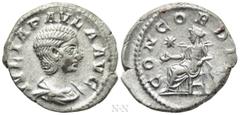 Roman Imperial Coins JULIA PAULA (Augusta, 219-220). Denarius. Rome. Obv: IVLIA PAVLA AVG. Draped bust right. Rev: CONCORDIA. Concordia seated left on throne, holding patera; star to left. RIC 211 (El