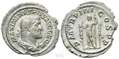 Roman Imperial Coins MAXIMINUS THRAX (235-238). Denarius. Rome. Obv: MAXIMINVS PIVS AVG GERM. Laureate, draped and cuirassed bust right. Rev: P M TR P IIII COS II P P. Maximinus standing left, raising