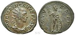 Roman Imperial Coins CARUS (282-283). Antoninianus. Lugdunum. Obv: IMP C M AVR CARVS P F AVG. Radiate, draped and cuirassed bust right. Rev: VIRTVS AVG. Mars standing right, holding spear and leaning 