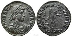 Roman Imperial Coins GRATIAN (367-383). Follis. Siscia. Obv: D N GRATIANVS P F AVG. Diademed, draped and cuirassed bust right. Rev: REPARATIO REI PVB / BSISC•. Emperor standing left, holding Victory o