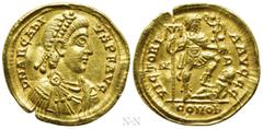 Roman Imperial Coins ARCADIUS (383-408). GOLD Solidus. Mediolanum. Obv: D N ARCADIVS P F AVG. Diademed, draped and cuirassed bust right. Rev: VICTORIA AVGGG / M - D / COMOB. Honorius standing right, w