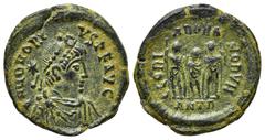 Roman Imperial Coins HONORIUS (393-423). Ae. Antioch. Obv: D N HONORIUS P F AVG. Pearl-diademed, draped and cuirassed bust right; star to left. Rev: GLORIA ROMANORVM / ANTB. Arcadius and Honorius stan