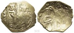 Byzantine Coins JOHN V PALAEOLOGUS with ANNA OF SAVOY as Regent (1341-1391). GOLD Hyperpyron. Constantinople. Obv: John and Anna standing facing, each holding sceptre. Rev: Andronicus III kneeling rig