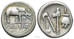 Roman Republican Coins JULIUS CAESAR. Denarius (49 BC). Military mint traveling with Caesar. Obv: CAESAR. Elephant advancing right, trampling upon horned serpent. Rev: Emblems of the pontificate: simp