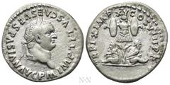 Roman Imperial Coins TITUS (79-81). Denarius. Rome. Obv: IMP TITVS CAES VESPASIAN AVG P M. Laureate head right. Rev: TR P IX IMP XV COS VIII P P. Trophy; bound captive to left and right. RIC² 102. Con