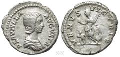 Roman Imperial Coins PLAUTILLA (Augusta, 202-205). Denarius. Rome. Obv: PLAVTILLA AVGVSTA. Draped bust right. Rev: VENVS VICTRIX. Venus standing left, holding apple and palm frond, and resting elbow u