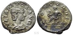 Roman Imperial Coins JULIA PAULA (Augusta, 219-220). Denarius. Rome. Obv: IVLIA PAVLA AVG. Draped bust right. Rev: CONCORDIA. Concordia seated left on throne, holding patera; star to left. RIC 211 (El