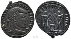 Roman Imperial Coins MAXENTIUS (307-312). Follis. Ostia. Obv: IMP C MAXENTIVS P F AVG. Laureate head right. Rev: AETERNITAS AVG N / MOSTB. Wolf and twins between the Dioscuri standing facing each othe