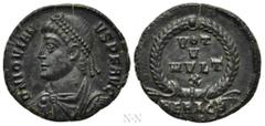 Roman Imperial Coins JOVIAN (363-364). Follis. Heraclea. Obv: D N IOVIANVS P F AVG. Diademed, draped and cuirassed bust left. Rev: VOT / V / MVLT / X / HERAC B. Legend in four lines within wreath. RIC