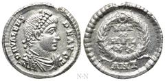 Roman Imperial Coins VALENS (364-378). Siliqua. Antioch. Obv: D N VALENS P F AVG. Pearl-diademed, draped and cuirassed bust right. Rev: VOT / X / MVL / XX / ANT. Legend in four lines within wreath. RI