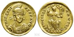 Roman Imperial Coins ARCADIUS (383-408). GOLD Solidus. Constantinople. Obv: D N ARCADIVS P F AVG. Helmeted and cuirassed bust facing slightly right, holding spear and shield decorated with horseman mo