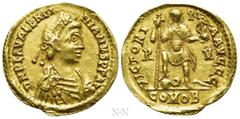Roman Imperial Coins VALENTINIAN III (425-455). GOLD Solidus. Ravenna. Obv: D N PLA VALENTINIANVS P F AVG. Rosette-diademed, draped and cuirassed bust right. Rev: VICTORIA AVGGG / R - V / COMOB. Valen