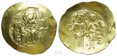 Byzantine Coins ISAAC II ANGELUS (First reign, 1185-1195). GOLD Hyperpyron. Constantinople. Obv: The Virgin Mary seated facing on throne, holding bust of Holy Infant on breast. Rev: Isaac, holding cru