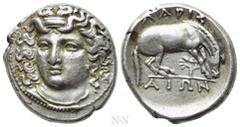 Greek Coins THESSALY. Larissa. Drachm (Circa 356-342 BC). Obv: Head of the nymph Larissa facing slightly left, with hair in ampyx. Rev: ΛΑΡΙΣ / ΑΙΩΝ. Horse standing right, preparing to lie down; branc