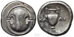 Greek Coins BOEOTIA. Thebes. Stater (395-338 BC). Kali-, magistrate. Obv: Boeotian shield. Rev: KA-ΛI. Amphora within incuse circle. BCD Boiotia 554; SNG Copenhagen 314; HGC 4, 1334. Condition: Very f