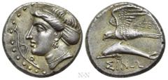 Greek Coins PAPHLAGONIA. Sinope. Drachm (Circa 330-300 BC). Phageta-, magistrate. Obv: Head of nymph left, with hair in sakkos; aphlaston to left. Rev: ΦΑΓΕΤΑ / ΣINΩ. Sea-eagle standing left, with win