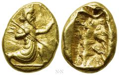 Greek Coins ACHAEMENID EMPIRE. Time of Xerxes II to Artaxerxes II (420-375 BC). Siglos. Sardes. Obv: Persian king in kneeling-running stance right, holding spear and bow, with quiver over shoulder. Re