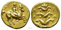 Greek Coins KYRENAICA. Kyrene. Ophellas (Ptolemaic Governor, first reign, circa 322-313 BC). GOLD Hemistater - Drachm. Chairios, magistrate. Obv: XAIPIOΣ. Horseman riding right, with petasos hanging f