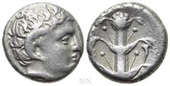 Greek Coins KYRENAICA. Kyrene. Time of Magas (Circa 294-275 BC). Didrachm. Obv: Horned head of Karneios right. Rev: K - Y / P - A. Silphium plant; cornucopia to right. SNG Copenhagen 1234-5; BMC 228-3