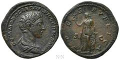 Roman Imperial Coins COMMODUS (Caesar, 166-177). As. Rome. Obv: COMMODO CAES AVG FIL GERM SARM. Bareheaded and draped bust right. Rev: SPES PVBLICA / S - C. Spes advancing left, holding flower and rai