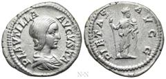 Roman Imperial Coins PLAUTILLA (Augusta, 202-205). Denarius. Rome. Obv: PLAVTILLA AVGVSTA. Draped bust right. Rev: PIETAS AVGG. Pietas standing right, holding sceptre and infant. RIC 367 (Caracalla). 