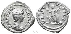 Roman Imperial Coins PLAUTILLA (Augusta, 202-205). Denarius. Rome. Obv: PLAVTILLA AVGVSTA. Draped bust right. Rev: VENVS VICTRIX. Venus standing left, holding apple and palm frond, and resting elbow u