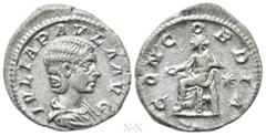Roman Imperial Coins JULIA PAULA (Augusta, 219-220). Denarius. Rome. Obv: IVLIA PAVLA AVG. Draped bust right. Rev: CONCORDIA. Concordia seated left on throne, holding patera; star to right. RIC 211 (E