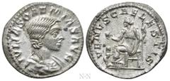 Roman Imperial Coins JULIA SOEMIAS (Augusta, 218-222). Denarius. Rome. Obv: IVLIA SOAEMIAS AVG. Draped bust right. Rev: VENVS CAELESTIS. Venus seated left, holding apple and sceptre; at left, child re