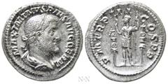 Roman Imperial Coins MAXIMINUS THRAX (235-238). Denarius. Rome. Obv: MAXIMINVS PIVS AVG GERM. Laureate, draped and cuirassed bust right. Rev: P M TR P III COS P P. Emperor standing left with spear, fl