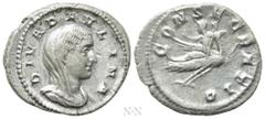 Roman Imperial Coins DIVA PAULINA (Died before 235). Denarius. Rome. Struck under Maximinus Thrax. Obv: DIVA PAVLINA. Veiled and draped bust right. Rev: CONSECRATIO. Diva Paulina, raising hand and hol