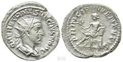 Roman Imperial Coins HERENNIUS ETRUSCUS (Caesar, 249-251). Antoninianus. Rome. Obv: Q HER ETR MES DECIVS NOB C. Radiate and draped bust right. Rev: PRINCIPI IVVENTVTIS. Apollo seated left on throne, h