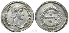 Roman Imperial Coins CONSTANTIUS GALLUS (Caesar, 351-354). Siliqua. Sirmium. Obv: D N CONSTANTIVS NOB CAES. Bare head right. Rev: VOTIS / V / MVLTIS / X / •SIRM. Legend in four lines within wreath. RI