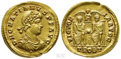 Roman Imperial Coins GRATIAN (367-383). GOLD Solidus. Treveri. Obv: D N GRATIANVS P F AVG. Rosette-diademed, draped and cuirassed bust right. Rev: VICTORIA AVGG / TROBT. Valentinian I and Gratian seat