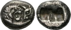 KINGS OF LYDIA. Kroisos (560-546 BC). Siglos (550-546 BC). Sardes. Obv: Confronted foreparts of lion right and bull left. Rev: Two square punches. SNG Kayhan 1026. Condition: Very fine. Weight: 5.2 g.