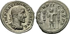 MAXIMINUS THRAX (235-238). Denarius. Rome. Obv: IMP MAXIMINVS PIVS AVG. Laureate, draped and cuirassed bust right. Rev: P M TR P II COS PP. Emperor stnding left with spear, flanked by two standards. R