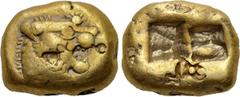 IONIA or LYDIA. Uncertain. EL Trite (650-600 BC). Obv: Forepart of roaring lion left. Rev: Two square incuse punches.. Cf. Rosen 368 (Hekte, different punches; cf. Triton VIII, lot 448 (straited surfa