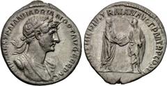 HADRIAN (117-183). Denarius (AD 117). Rome. Obv: IMP CAES TRAIAN HADRIAN OPT AVG GER DAC. Laureate and cuirassed bust right. Rev: PARTHIC DIVI TRAIAN AVG F P M TR P COS P P. Trajan standing right, pre