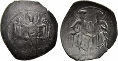 MANUEL I COMNENUS (1143-1180). Small module trachy. Thessalonica. Obv: Archangel Michael in military dress, holding sword in sheath. Rev: Manuel and St. Demetrius seated facing, holding model of city 