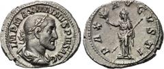 MAXIMINUS THRAX (235-238). Denarius. Rome. Obv: IMP MAXIMINVS PIVS AVG. Laureate, draped and cuirassed bust right. Rev: PAX AVGVSTI. Pax standing left with branch and sceptre. RIC 12. Condition: Extre
