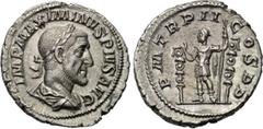 MAXIMINUS THRAX (235-238). Denarius. Rome. Obv: IMP MAXIMINVS PIVS AVG. Laureate, draped and cuirassed bust right. Rev: P M TR P II COS PP. Emperor standing left with spear, flanked by two standards. 