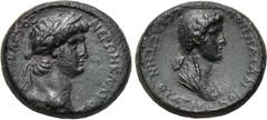 LYDIA. Thyateira. Nero (54-68). Ae. Obv: NERΩN KΛAΥΔIOC KAICAP CEBACTOC. Laureate head of Nero right. Rev: ΠΟΠΠAIAN CEBACTHN ΘYATIPHNOI. Draped bust of Poppaea right. RPC 2383. Condition: Near extreme