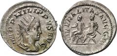 PHILIP II (244-247). Antoninianus. Rome. Obv: IMP PHILIPPVS AVG. Radiate and draped bust right. Rev: LIBERALITAS AVG III. Philip I and Philip II seated left on curule chairs. RIC 230. Condition: Extre
