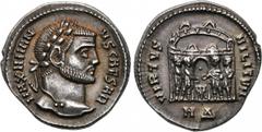 GALERIUS MAXIMIANUS (305 - 311). Argenteus. Heraclea. Obv: MAXIMIANVS CAESAR. Laureate head right. Rev: VIRTVS MILITVM. The four tetrarchs sacrificing over tripod before city enclosure with six turret
