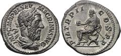 MACRINUS (217-218). Denarius. Rome. Obv: IMP C M OPEL SEV MACRINVS AVG. Laureate and draped bust right. Rev: P M TR P II COS P P. Macrinus seated left on curule chair, holding globe and sceptre. RIC 2