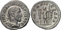 MAXIMINUS THRAX (235-238). Denarius. Rome. Obv: IMP MAXIMINVS PIVS AVG. Laureate, draped and cuirassed bust right. Rev: P M TR P II COS P P. Emperor standing left with spear, flanked by two standards.