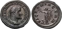 MAXIMINUS THRAX (235-238). Denarius. Rome. Obv: MAXIMINVS PIVS AVG GERM. Laureate, draped and cuirassed bust right. Rev: VICTORIA GERM. Victory standing left with wreath and palm branch; captive at he